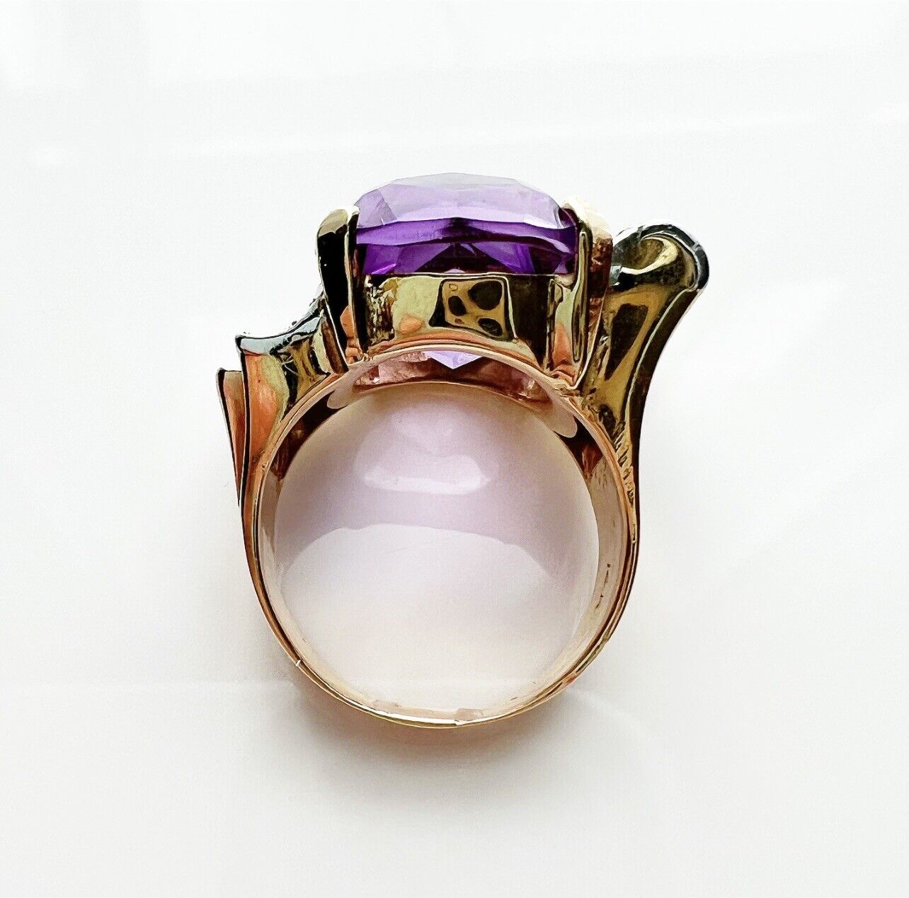 ANTIQUE • Retro 14k Gold Natural Amethyst w/ Diamond & Ruby Cocktail Tank Ring