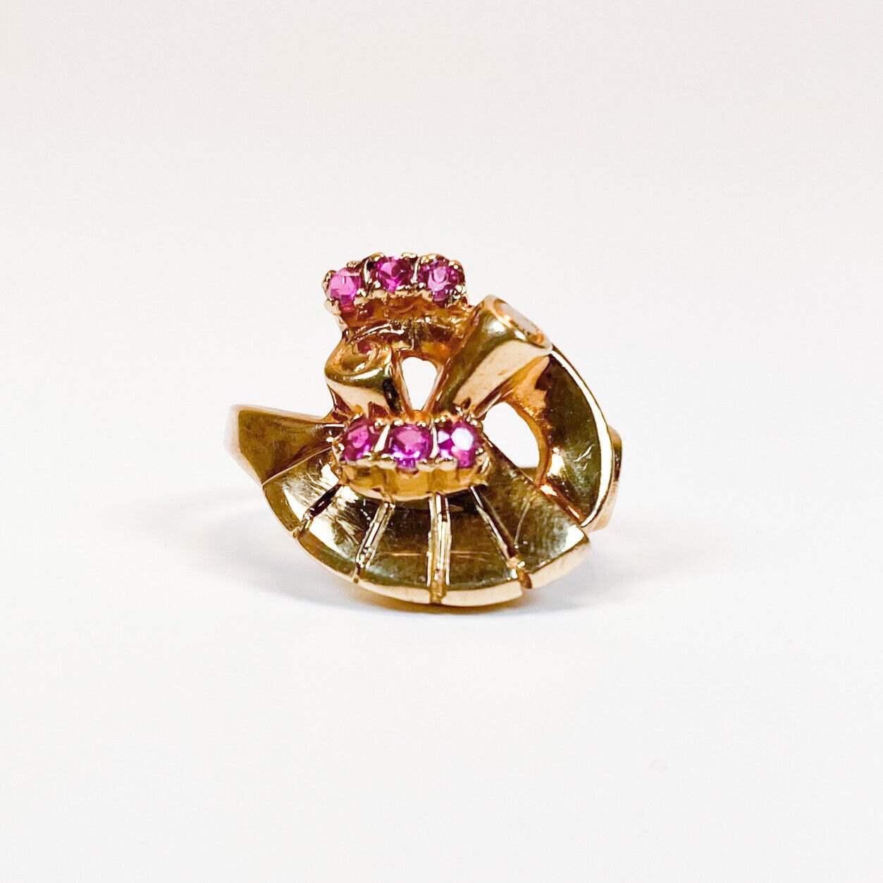 ANTIQUE • Art Nouveau 10k Yellow Gold & Ruby Fan Cocktail Ring Sz. 5.5