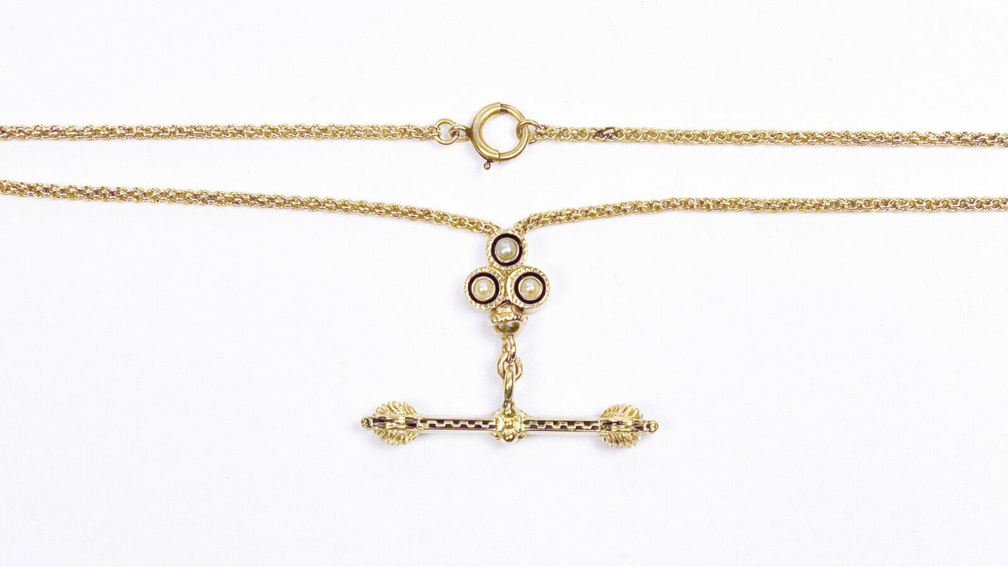 ANTIQUE • Victorian 14k Gold Taille d’Epargne Enamel Clover w/ Pearl Slide Chain & T-Bar Necklace