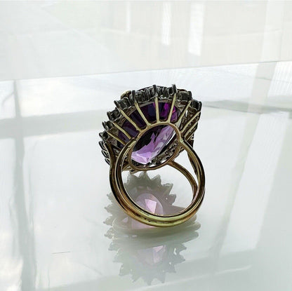 ANTIQUE • Retro 14k Gold Natural Siberian Amethyst & Diamond Halo Cocktail Ring