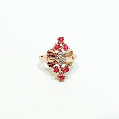 ANTIQUE • Art Deco 14k Rose Gold w/ Diamond & Rubies Cocktail Ring Sz. 4