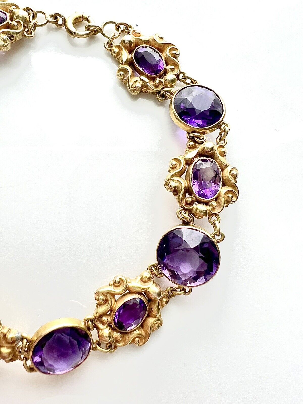 ANTIQUE • Art Nouveau 14k Yellow Gold Repoussé w/ Amethyst Link Bracelet