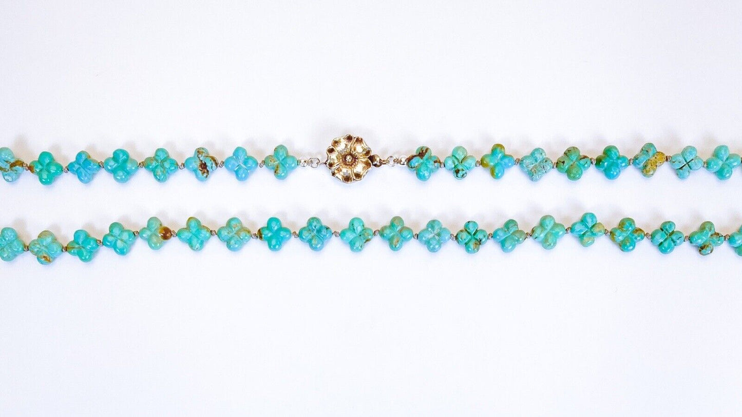 VINTAGE • Number 8 Turquoise Hand Carved Flower & Sterling Silver Clasp Necklace