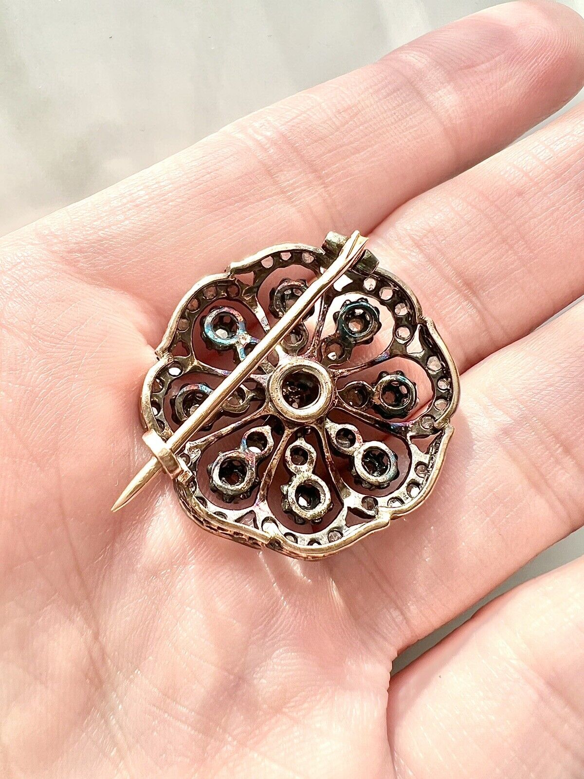 ANTIQUE • Georgian French 18k Gold w/ Silver & Old Cut Diamonds Starburst Brooch