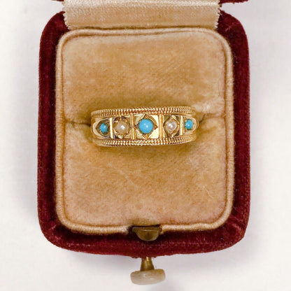 ANTIQUE • Victorian 15k Yellow Gold w/ Turquoise & Seed Pearl Band Ring