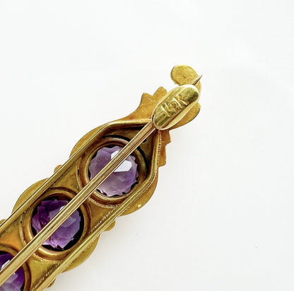 ANTIQUE • Art Nouveau 14k Yellow Gold Amethyst w/ Guilloche Enamel Bar Brooch