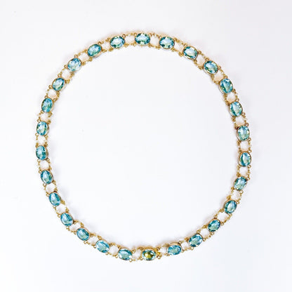 ANTIQUE • Art Nouveau 14k Gold Pearl & Aquamarine Crystal Paste Rivière Necklace