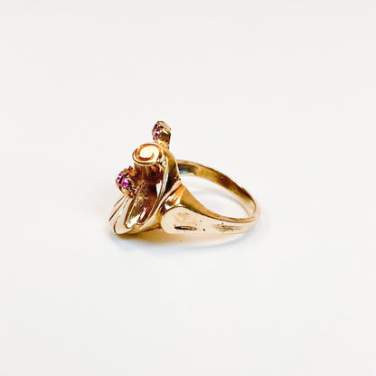 ANTIQUE • Art Nouveau 10k Yellow Gold & Ruby Fan Cocktail Ring Sz. 5.5