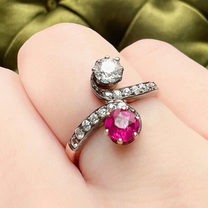 ANTIQUE • Victorian 14k Gold & Silver Old Mine Cut Diamond Ruby Toi et Moi Ring