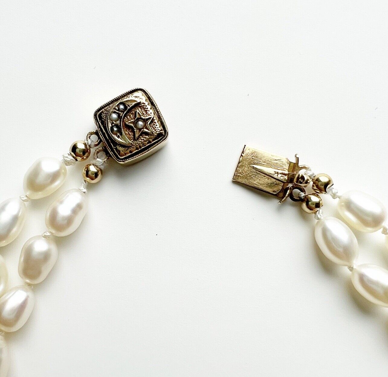 ANTIQUE • Victorian Double Strand Pearl Necklace w/ 14k Star & Crescent Clasp