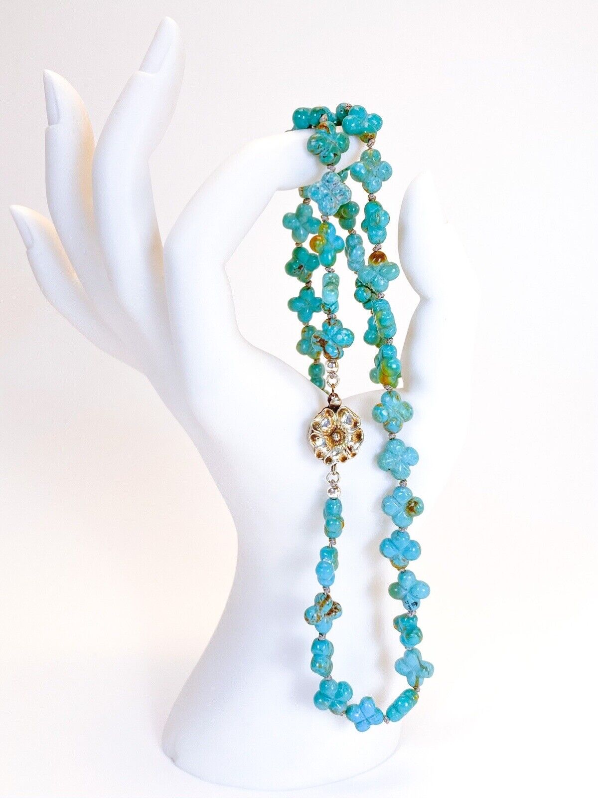 VINTAGE • Number 8 Turquoise Hand Carved Flower & Sterling Silver Clasp Necklace