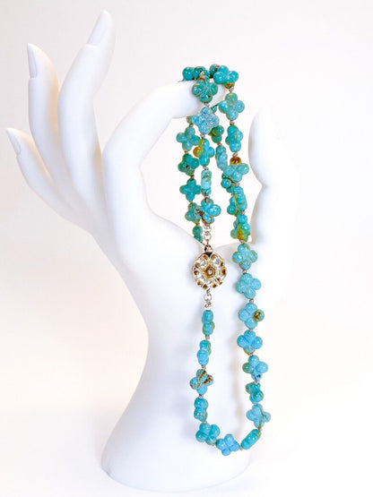 VINTAGE • Number 8 Turquoise Hand Carved Flower & Sterling Silver Clasp Necklace