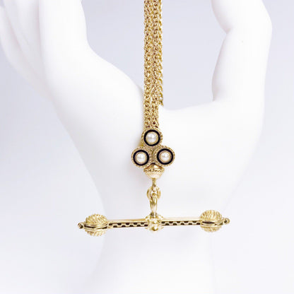 ANTIQUE • Victorian 14k Gold Taille d’Epargne Enamel Clover w/ Pearl Slide Chain & T-Bar Necklace