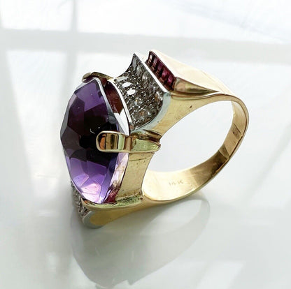 ANTIQUE • Retro 14k Gold Natural Amethyst w/ Diamond & Ruby Cocktail Tank Ring