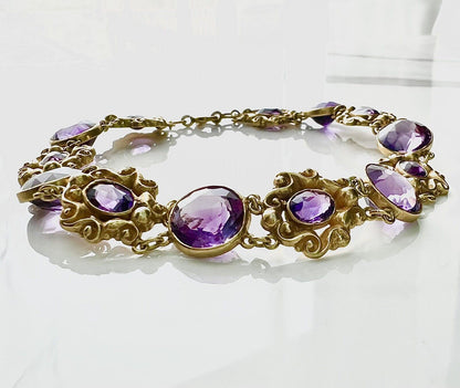 ANTIQUE • Art Nouveau 14k Yellow Gold Repoussé w/ Amethyst Link Bracelet