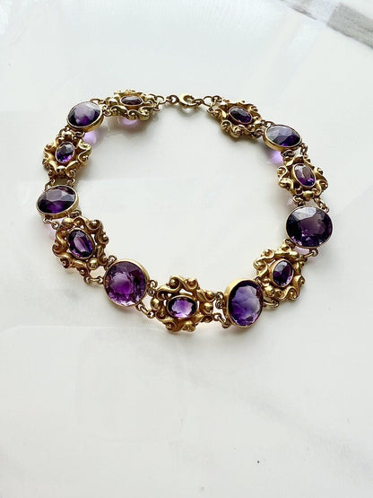 ANTIQUE • Art Nouveau 14k Yellow Gold Repoussé w/ Amethyst Link Bracelet