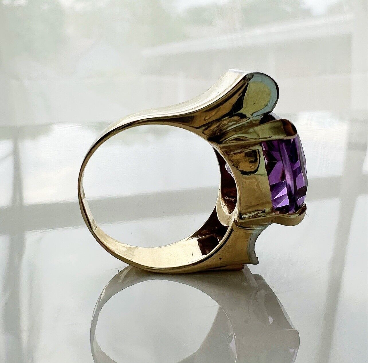 ANTIQUE • Retro 14k Gold Natural Amethyst w/ Diamond & Ruby Cocktail Tank Ring