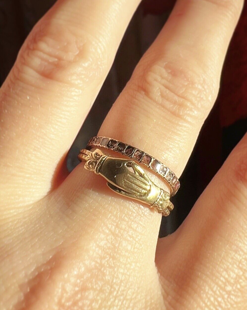 ANTIQUE • Late Georgian/Early Victorian 10k Yellow Gold Engraved Fede Gimmel Friendship Ring