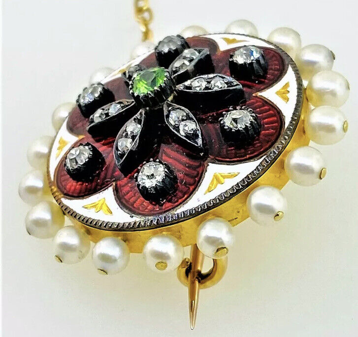 ANTIQUE • Georgian 18k Gold w/ Mine Cut Diamonds Enamel Peridot Pearl Pendant