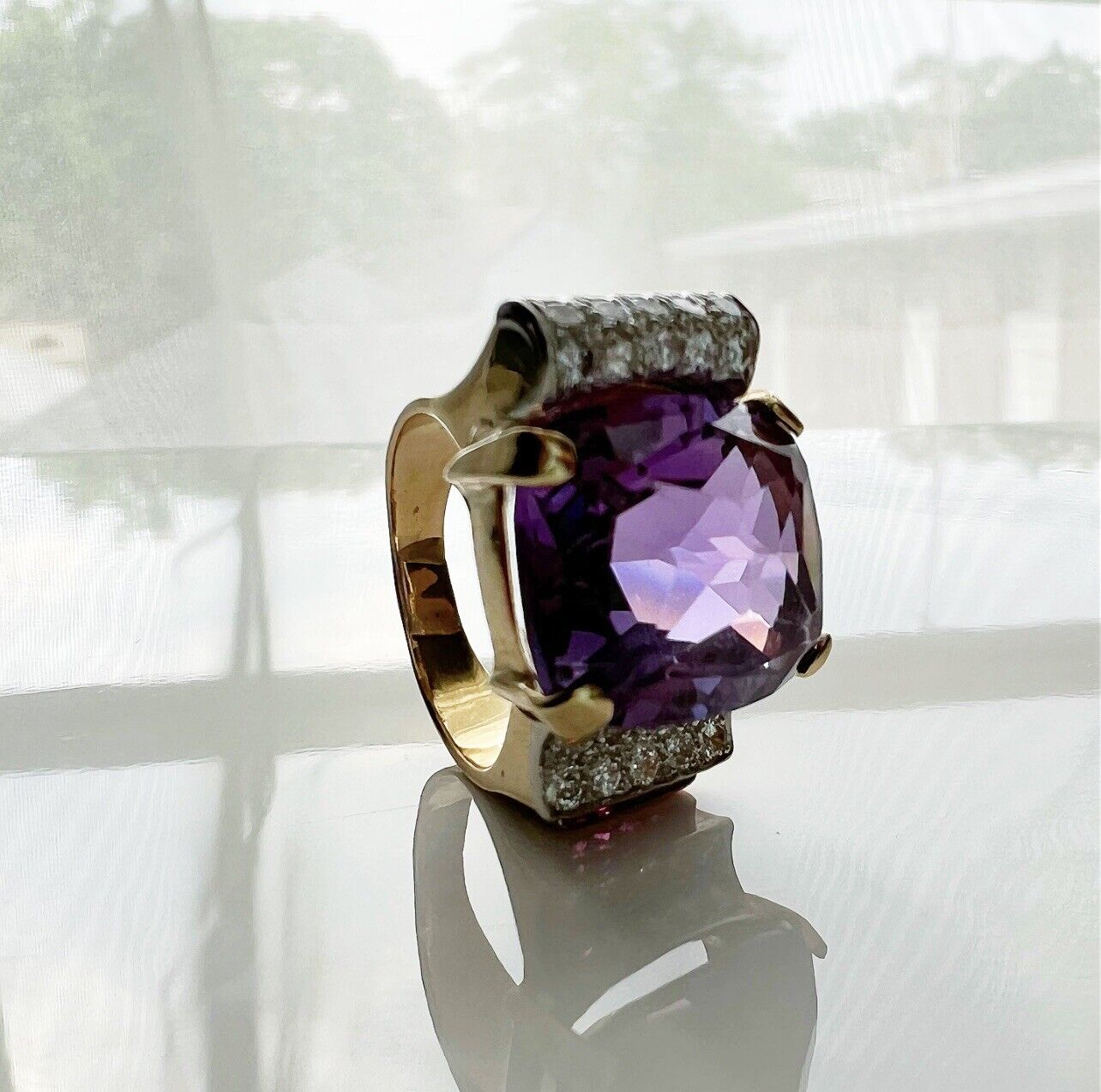 ANTIQUE • Retro 14k Gold Natural Amethyst w/ Diamond & Ruby Cocktail Tank Ring