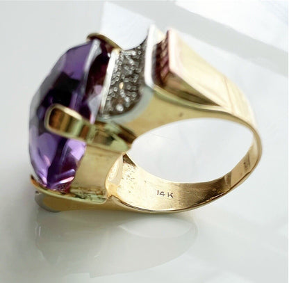 ANTIQUE • Retro 14k Gold Natural Amethyst w/ Diamond & Ruby Cocktail Tank Ring