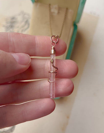 OJ ORIGINAL • 14k Yellow Gold Snake Wrapped Natural Pink Tourmaline Crystal Pendant