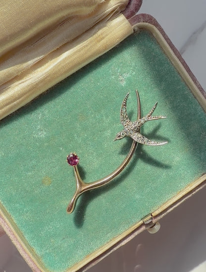 ANTIQUE • Victorian 14k Yellow Gold & Silver w/ Old Cut Diamonds & Rubies Wishbone Swallow Brooch