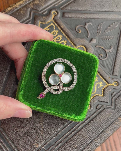 ANTIQUE • Victorian French 18k Rosy Gold Trefoil Brooch w/ Moonstones, Rose Cut Diamonds & Rubies
