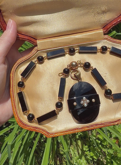 ANTIQUE • Victorian 14k Yellow Gold Onyx Mourning Necklace & Carved Locket Set w/ Pearls & Diamond