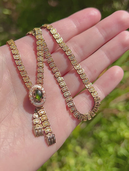 ANTIQUE • Victorian 10k Yellow Gold Book Chain Necklace w/ Tourmaline Clasp