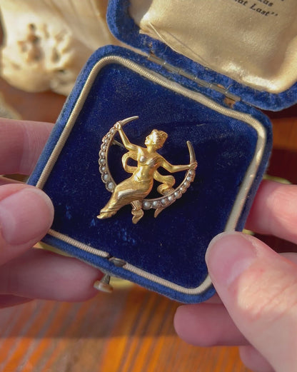 ANTIQUE • Art Nouveau 10k Yellow Gold Repoussé Female Swinging on Seed Pearl Crescent Brooch