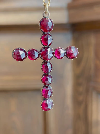 ANTIQUE • Georgian 14k Yellow Gold French Perpignan Garnet Cross Pendant