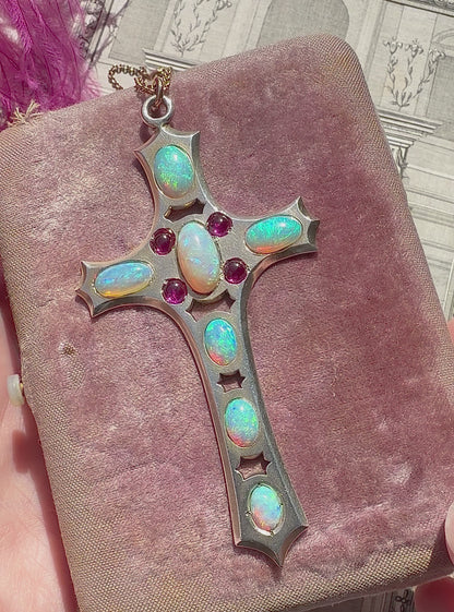 ANTIQUE • Art Nouveau Silver-Low Karat Gold w/ Australian Opal & Ruby Cross Pendant
