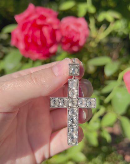 ANTIQUE • Victorian Sterling Silver w/ Black Dot Paste Crystal Cross Pendant