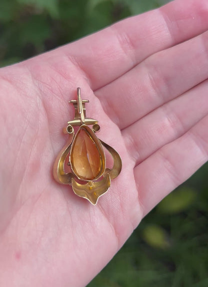 ANTIQUE • Georgian 14k Yellow Gold w/ Citrine Engraved Pendant