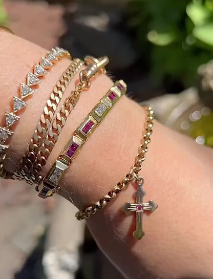 VINTAGE • Mid-Late Century 14k Yellow Gold Diamond & Ruby Brick Link Line Bracelet