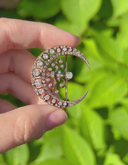 ANTIQUE • Victorian 18k Rosy Yellow Gold Old Mine Cut & Rose Cut Diamond Crescent Brooch