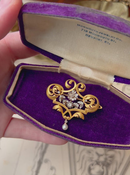ANTIQUE • Art Nouveau French 18k Yellow Gold & Platinum w/ Diamonds Scroll Brooch Pendant