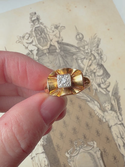 ANTIQUE • Mid-Century 18k Two Tone Gold w/ Transitional Cut Diamond Bow Ring