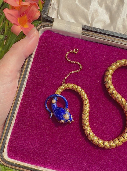 ANTIQUE • Victorian 20k Yellow Gold w/ Enamel Pearls & Ruby Snake Necklace