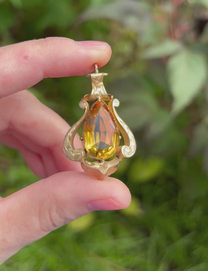 ANTIQUE • Georgian 14k Yellow Gold w/ Citrine Engraved Pendant