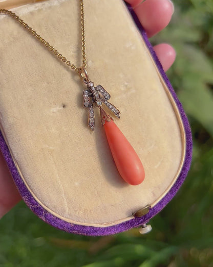 ANTIQUE • Victorian 15ct Yellow Gold Lavalier Bow Pendant w/ Rose Cut Diamonds & Coral