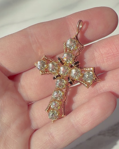 ANTIQUE • Victorian 10/14k Yellow Gold w/ Old Mine Cushion Cut Paste Diamonds & Enamel Cross Pendant Brooch