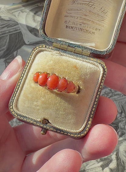 ANTIQUE • Victorian 15ct Yellow Gold Natural Coral 5-Stone Ring