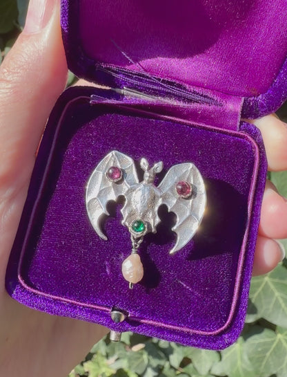 ANTIQUE • Art Nouveau Sterling Silver w/ Paste Gemstones Bat Brooch