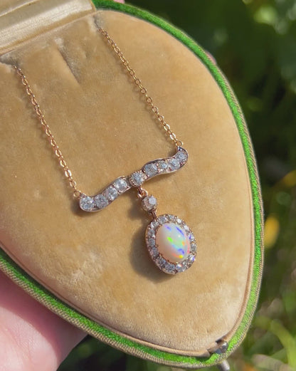 ANTIQUE • Victorian 14k Silver-Topped Gold Old Mine Cut Diamond & Opal Necklace
