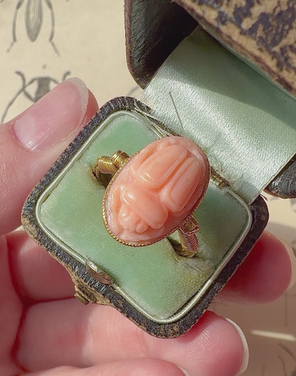 ANTIQUE • Archeological Revival 14k Yellow Gold Carved Coral Scarab Ring