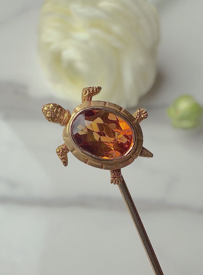 ANTIQUE • Art Nouveau 14k Yellow Gold w/ Madeira Citrine Turtle Stickpin