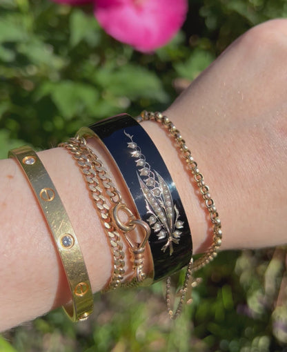 ANTIQUE • Victorian 10k Yellow Gold w/ Enamel & Seed Pearls Mourning Cuff Bracelet