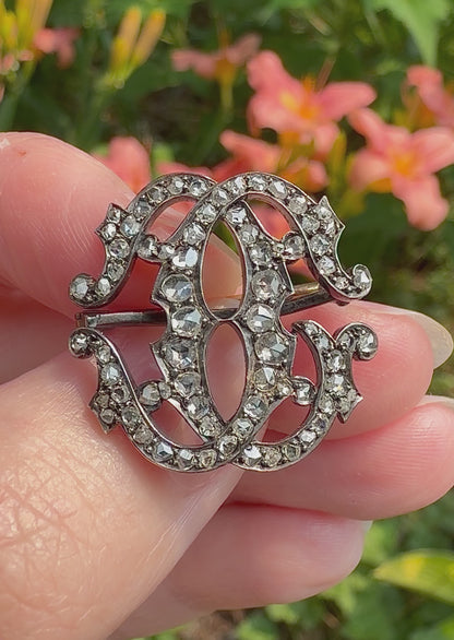 ANTIQUE • Victorian 14-18k Gold & Silver w/ Old Rose Cut Diamonds Monogram Brooch